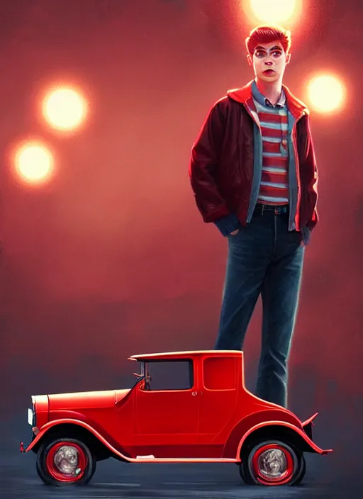 Image similar to teenage archie andrews, in a red ford model t, intricate, elegant, glowing lights, highly detailed, digital painting, artstation, sharp focus, illustration, art by wlop, mars ravelo and greg rutkowski