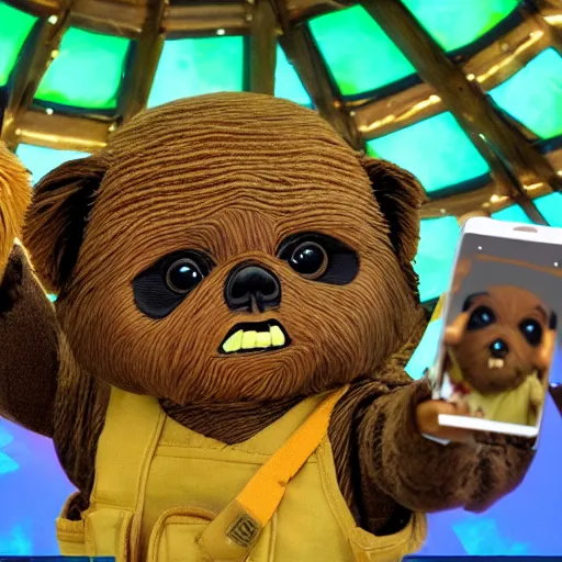 Image similar to Ewoks taking a selfie at Walmart, intricate detail, photo realistic, subsurface scatter, stage lighting, vray render, cinematic quality