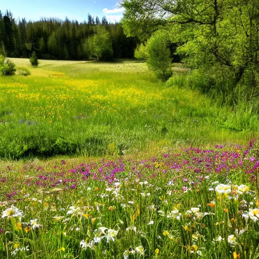 Image similar to An idyllic meadow, with wildflowers blooming and a gentle breeze blowing, peaceful and serene.