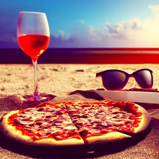 Prompt: Pizza relax on a beach wearing sunglasses while enjoying a glass of red wine, Realistic, HDR, Clear Image, HDD, Dynamic lighting,