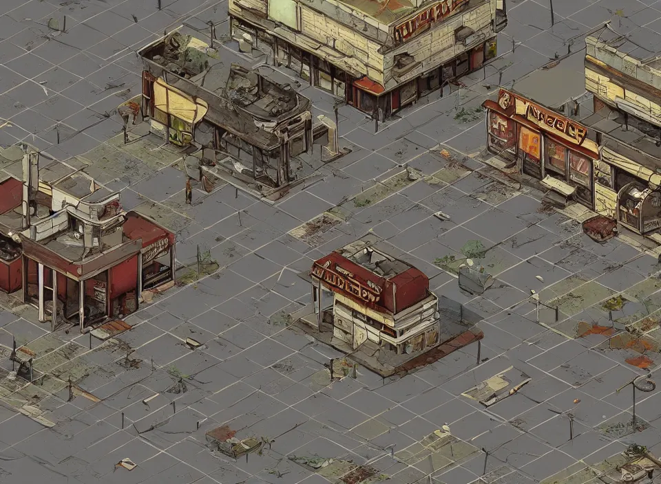 Prompt: Screenshot of the outside of an abandoned rusty McDonald restaurant in Fallout 2 (1998), isometric perspective, postapocalyptic, bird's eye view, prerendered isometric graphics, high quality