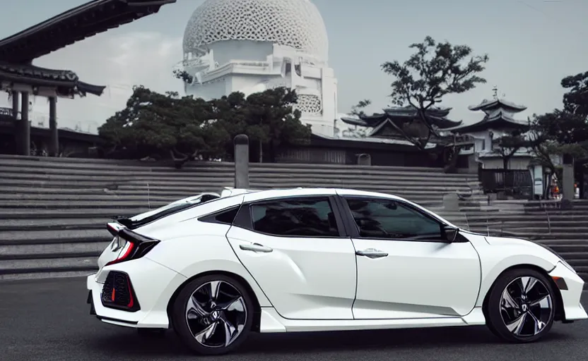 Prompt: honda civic, japanese religious temple, summer festival night, futuristic prototype car, without black rims, designed by polestar, elegant, intricate details, matte white paint, hard surfaces modelling, dramatic, ray tracing, realistic enviroment reflections, ultra realistic rendering, sharp focus