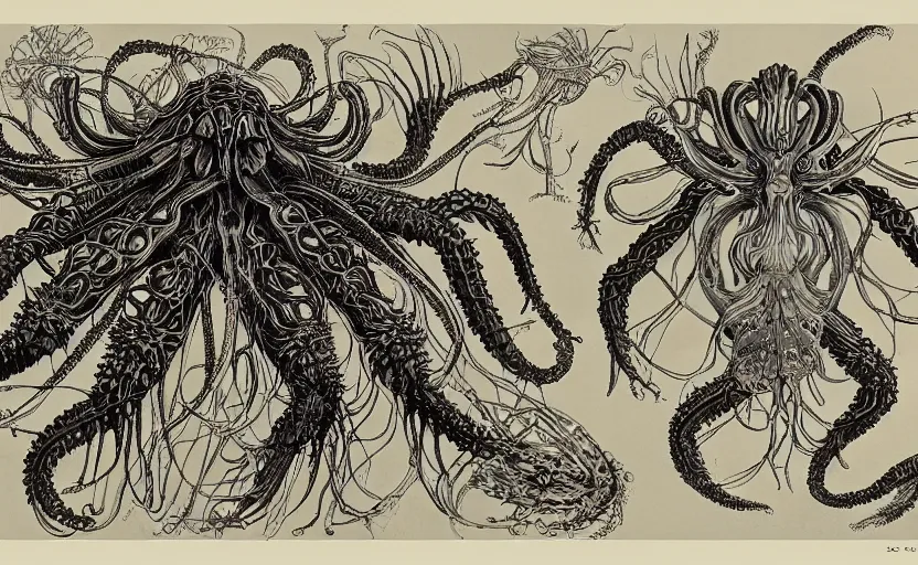 Image similar to sci - fi biomechanical, monster character design, fantasy. intricate jellyfish crab eagle lizard biomechanical. by ernst haeckel