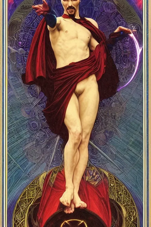 Image similar to An Epic Tarot Card of Dr. strange casting dynamic powerful spell. lit by dark evil magic portal, amazing colour harmony and variation, simple background, by Donato Giancola, William Bouguereau, John Williams Waterhouse, tarot card border made of rare sentient opalescent cosmic ivory by Alphonse Mucha