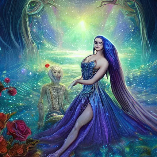 Image similar to somewhere in the cosmos we shall meet beautiful magical details and accents, astral cosmic illustration, by pablo amaringo, amazing background, cinematic lighting, colorful textured detail, wonderland storybook illustration, sharp images, 3 - d 8 k, high resolution, in the style of anne stokes, giger, adi granov, elena masci, pawel rebisz