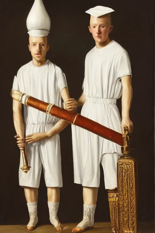 Image similar to a hyperrealistic portrait of two milkmen carrying a milky pharoh sceptre , 8k