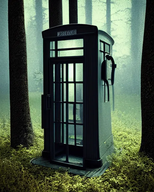 Image similar to american phone booth with antenna in the woods, hyper realism, cinematic, volumetric lighting, octane render, unreal engine, 8 k, concept art, digital art, deviantart artstation,