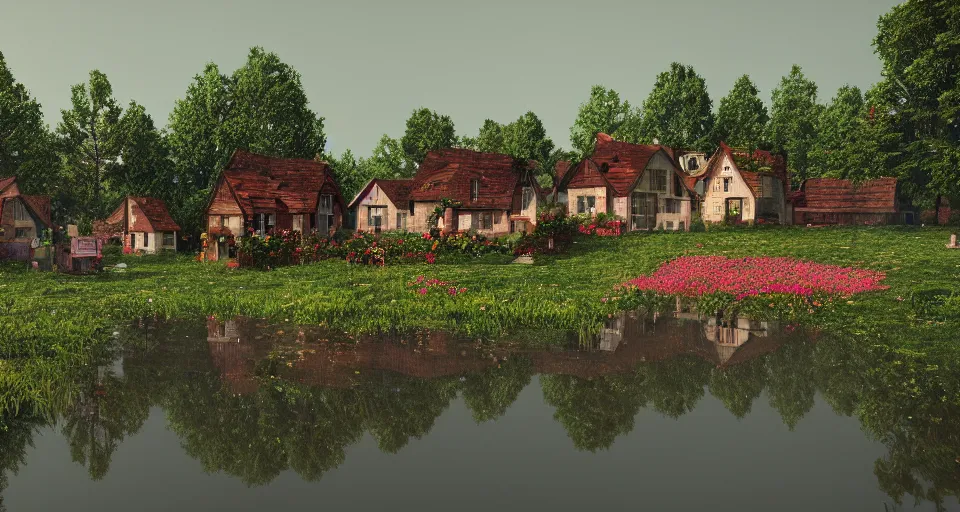Prompt: a small village in the countryside on a rainy, reflections flowers, trees, colourful wooden houses, Scandinavian style, trending on artstation, octane render, highly detailed, 70mm, cinematic, atmospheric, cute