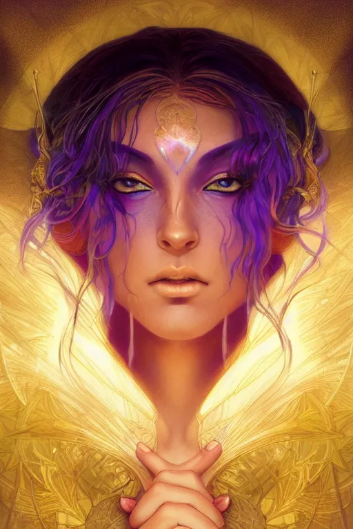 Image similar to portrait of a beautiful sorceress by artgerm, vivid color, complementary color, golden ratio, detailed, sharp lines, sharp focus, intricate, rainbowshift, by maxfield parrish, by peter mohrbacher, by gustave dore, by alphonse mucha, deviantart, octane render