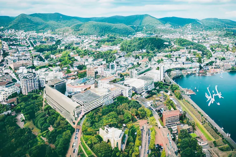 Image similar to bird's eye view photography of a small city. town hall, central farm, monorail station, beach and harbor. hills, woods and lake to the north.