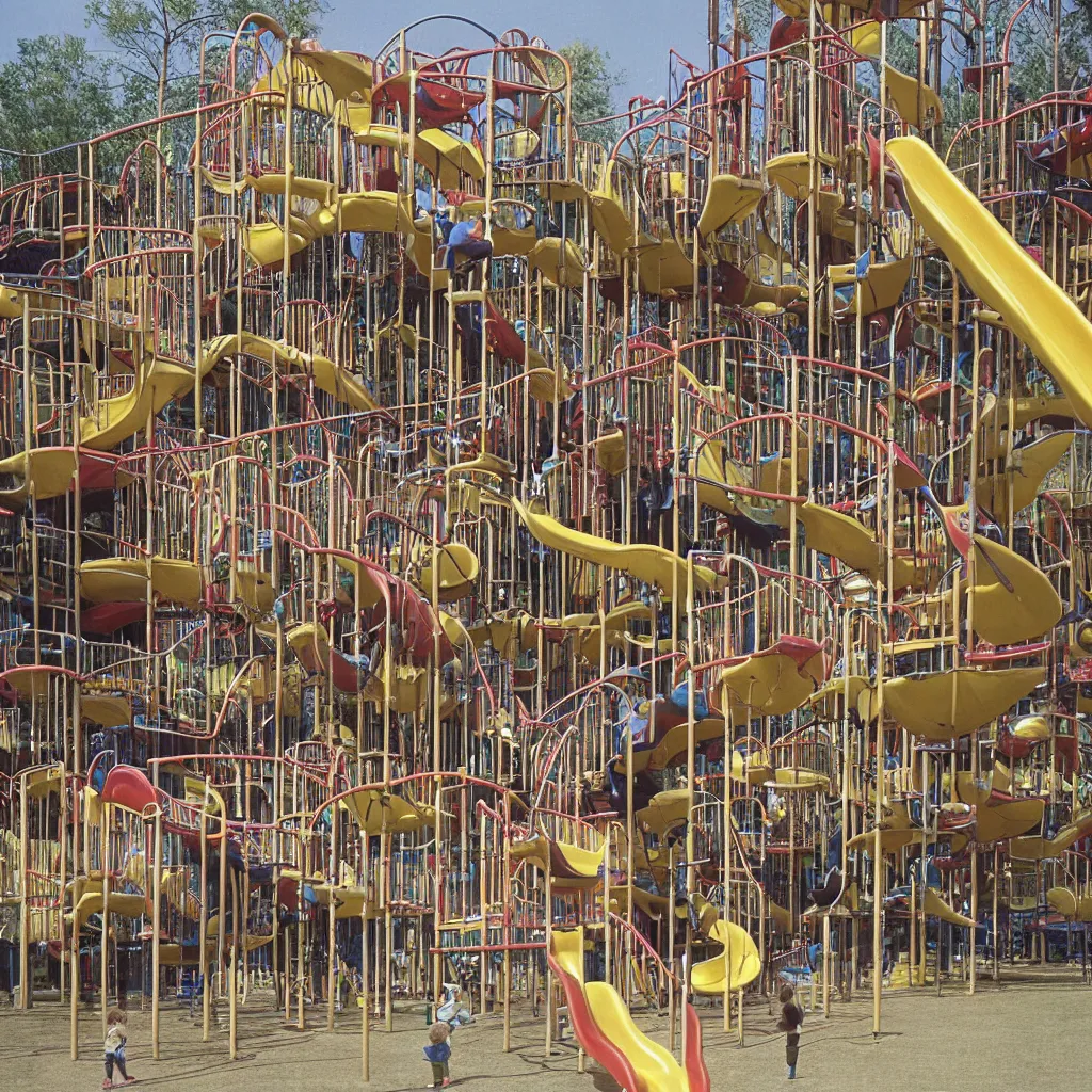 Prompt: full - color closeup 1 9 7 0 s photo of a vast incredibly - large complex very - dense tall many - level playground in a crowded schoolyard. the playground is made of brown wooden planks, black rubber tires, silver metal bars, and beige ropes. it has many spiral staircases, high bridges, ramps, balance beams, and metal tunnel - slides.