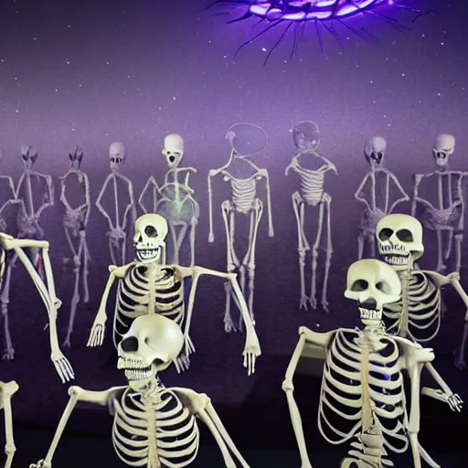 Prompt: photo, a giant crowd of realistic anatomically correct claymation skeletons dancing sensually and cool inside a colorful futuristic night club, blue edge lighting