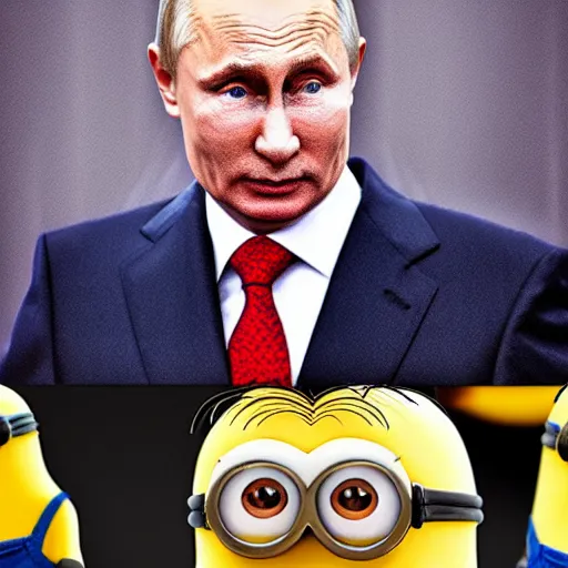 Prompt: vladimir putin holding and eating a minion, highly detailed