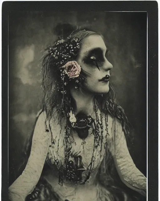Image similar to a beautiful detailed front view portrait of a dead rotten princess with cyberpunk ornate growing around, ornamentation, elegant, beautifully soft and dramatic lit, 1 9 1 0 polaroid photo