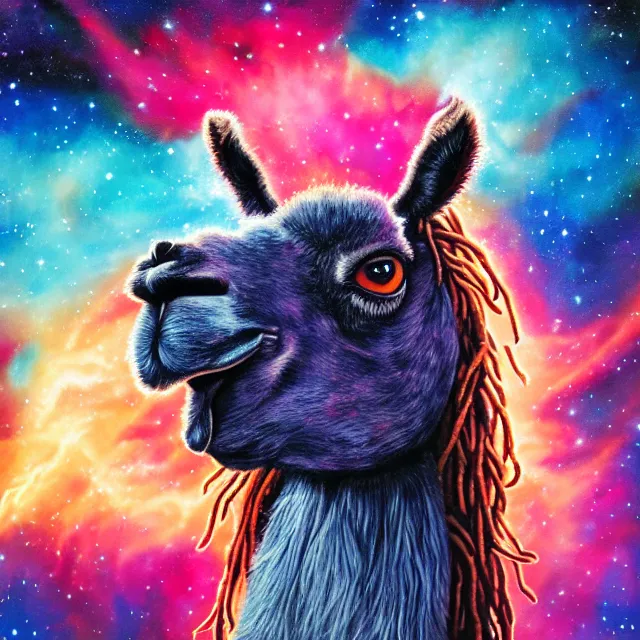 Image similar to llama with dreadlocks, depicted as an explosion of a nebula, 4 k, hyperrealistic painting