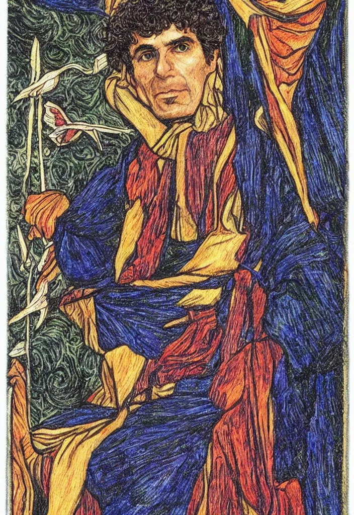 Image similar to Yoshua Bengio on the Tarot card. Illustration by preraphaelists