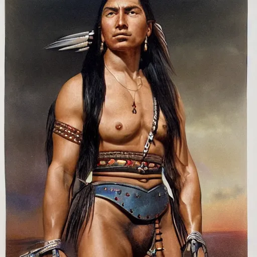 Image similar to strong native american female beauty with long black hair in a ponytail and muscular figure, wearing ancient greek black leather armor with bronze ornamental, she is a fighter standing on a vulcanic black beach, low angle, white clouds, beautiful highly detailed art like Alfred von Wierusz-kowalski, Adrian Wilkins, Anders Zorn, Ben Maier, Magic the Gathering and Johannes Voss, trending on artstation