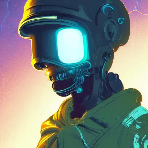 Prompt: in the style of max prentis and deathburger and laurie greasley a close up of a young explorer wearing a cyberpunk headpiece sitting connected to an ancient and huge mechanical head, highly detailed, 8k wallpaper