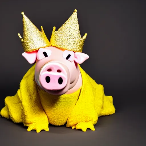 Image similar to studio photograph of a smiling pig depicted as a muppet wearing a gold crown with a yellow background, front view