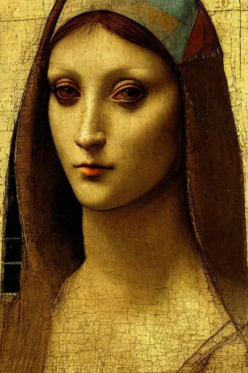 Image similar to a close - up portrait of a cyberpunk cyborg girl, by leonardo davinci, rule of thirds