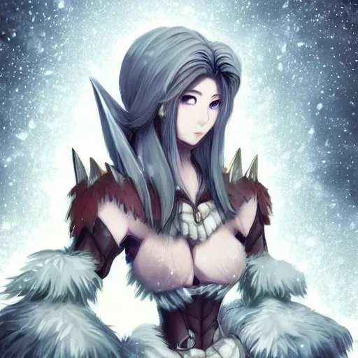 Image similar to portrait focus of knight beautiful 3D anime girl, fluffy armor wearing, dark forest background, snowing, bokeh, inspired by Masami Kurumada, digital painting, high contrast, unreal engine render, volumetric lighting, high détail