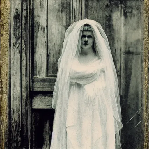 Image similar to picture of ghostly bride in front of an old wooden white church, 1 9 th century southern gothic scene, made by chausheva, katia