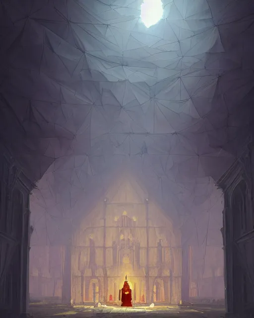 Prompt: polygonal monastery with giant walls and hanging tarp ceilings showing the stars and hanging drapery, light dust, magnificent, close up, details, sharp focus, elegant, highly detailed, illustration, by Jordan Grimmer and greg rutkowski and PiNe(パイネ) and 薯子Imoko and 香川悠作 and wlop and maya takamura, intricate, beautiful, Trending artstation, pixiv, digital Art