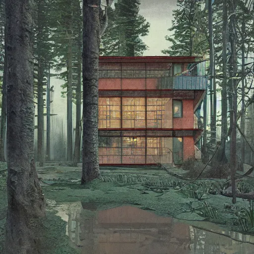 Prompt: a post - modern building in the woods. highly detailed, digital painting, watercolor, soviet realism, engraving, artstation, concept art, smooth, sharp focus, vivid grunge, manga, illustration, unreal engine 5, 8 k, art by bilibin and kuvshinov and malevich and mucha