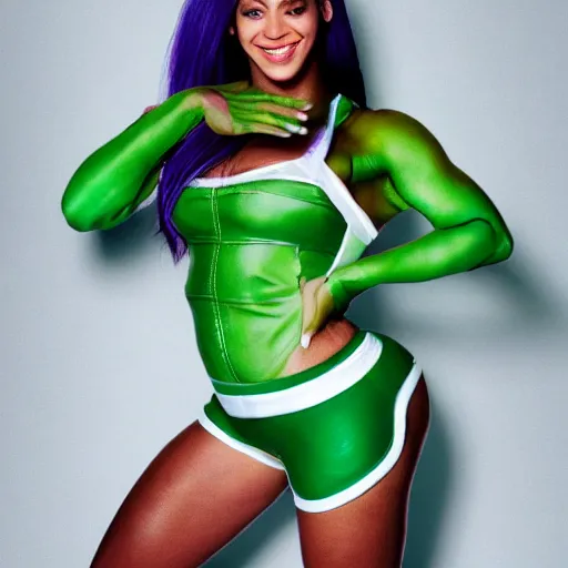 Prompt: Singer Beyoncé as the She-Hulk with green skin and dark green hair, wearing a white leotard with two purple vertical stripes, green skinned, wearing purple and white fingerless gloves, wearing purple and white sneakers, mini skirt, smiling, detailed legs, hyperreal, surreal, bokeh, tilt shift photography, green arms, green legs, green face,