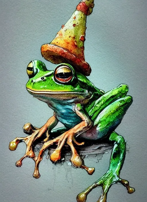 Image similar to detailed frog with a wizard hat by jean - baptiste monge and frank frazetta, post processing, painterly, book illustration watercolor granular splatter dripping paper texture, ink outlines, painterly, trending on artstation, trending on pinterest childrens art