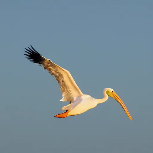 Image similar to award - winning photo of a white pelican in flight as seen from below. in the background we see the ocean and a pinkish hue sunset