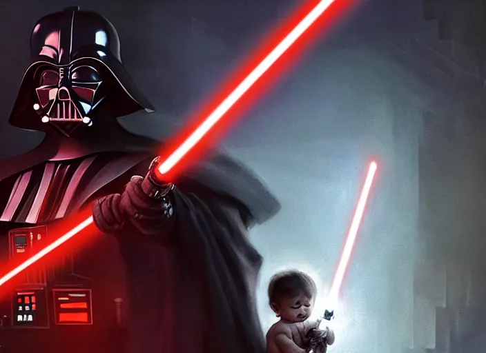 Image similar to a dramatic highly detailed render of darth vader with red lightsaber drawn about to battle a cute baby, futuristic star wars vibe, by WLOP and Artgerm and Greg Rutkowski and Alphonse Mucha, Beautiful dynamic dramatic dark moody lighting, shadows, cinematic atmosphere, Artstation, concept design art, Octane render, 8K, masterpiece, sharp focus, hyperrealistic