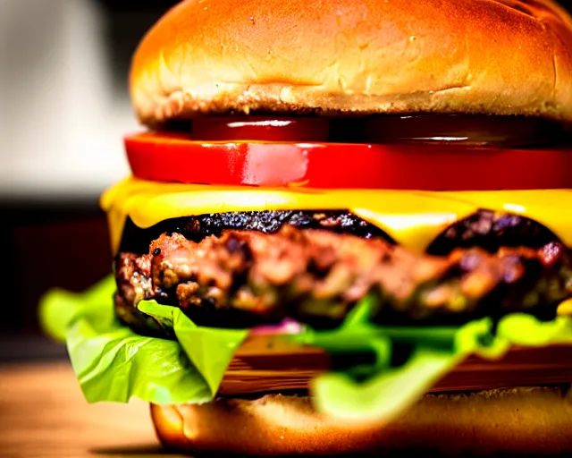 Prompt: big juicy burger, depth of field, food photography