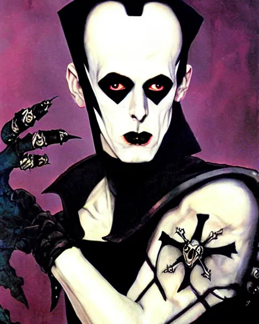 Prompt: portrait of a skinny punk goth klaus nomi wearing armor by simon bisley, john blance, frank frazetta, fantasy, thief rogue