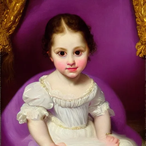 Image similar to portrait of a german toddler princess sitting down in a silk lavender gown, circa 1 8 3 7, by carl joseph begas, highly detailed, beautiful, oil on canvas, 1 8 3 0 s, romanticism