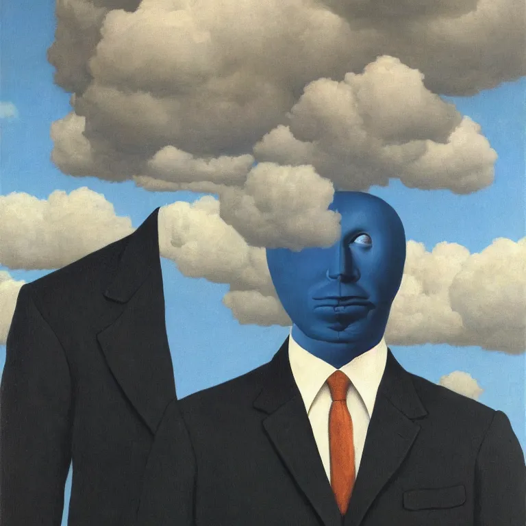 Image similar to portrait of headless man in a suit, clouds in the background, by rene magritte, detailed painting, distance, middle centered, hd, hq, high resolution, high detail, 4 k, 8 k