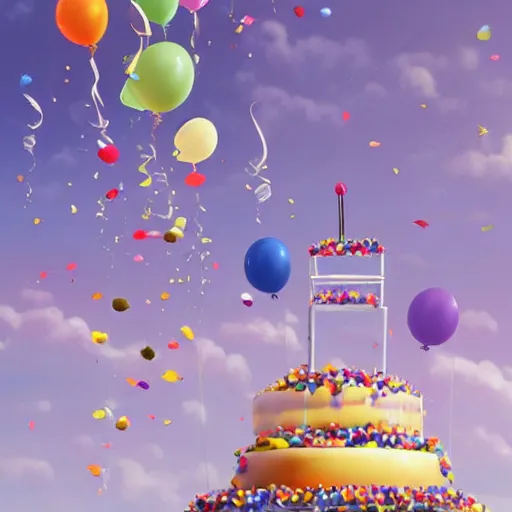 Image similar to a giant floating cake suspended to plenty of floating birthday balloons. digital art, highly - detailed, artstation cgsociety masterpiece