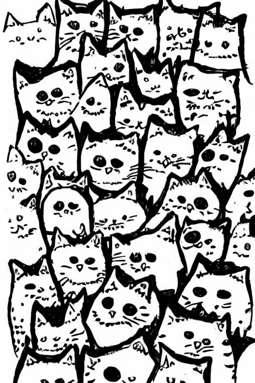 Image similar to cartoon sketch of a thousand angry cats, cute drawing