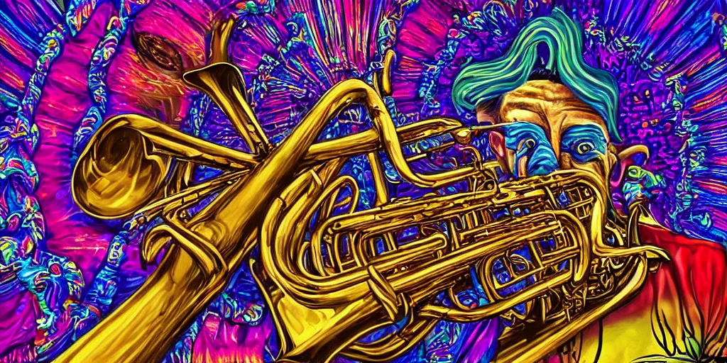 Image similar to highly detailed digital artwork of a psychedelic dingoman with a salvador dali mustache. he is playing the trumpet.