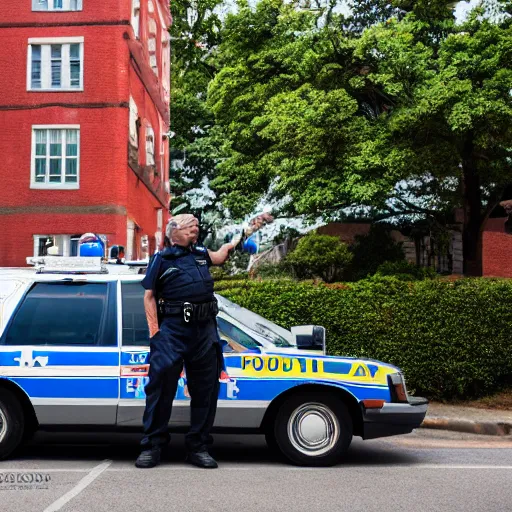 Prompt: an elderly man standing on the roof of a police car, canon eos r 3, f / 1. 4, iso 2 0 0, 1 / 1 6 0 s, 8 k, raw, unedited, symmetrical balance, wide angle