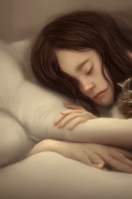 Prompt: young girl protagonist sleeping with a cat , accurate details, detailed full body, dramatic, intricate, elegant, highly detailed, digital painting, artstation, concept art, sharp focus, illustration, art by Gustave Dore, octane render