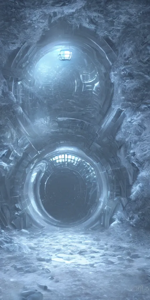 Image similar to interdimensional galaxy portal covered in frost, hugh ferriss, ice gate, volumetric light, volumetric fog, unreal engine, photorealistic, 8 k