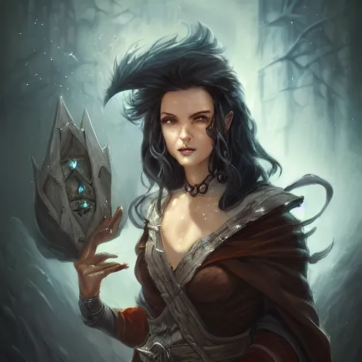 Image similar to grumpy dark haired women, ice mage, dnd character art portrait, matte fantasy painting, deviantart artstation, by jason felix by steve argyle by tyler jacobson by peter mohrbacher, cinema