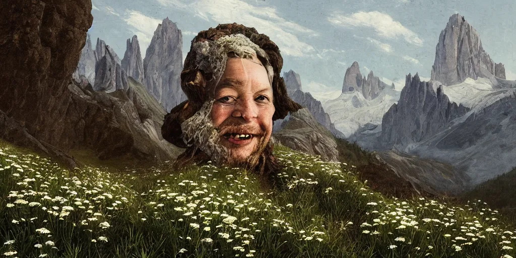 Image similar to old alpine famers head being overgrown by edelweiss, smiling, dolomites in background, dark, eerie, despair, portrait photography, artstation, digital art, adward winning, concept art, artstation, highly detailed, sharp focus, by caravaggio