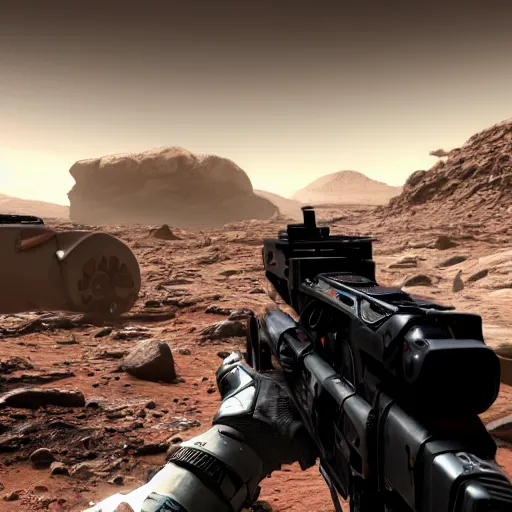 Image similar to futuristic call of duty ps 5 game set on mars, 8 k, hd,