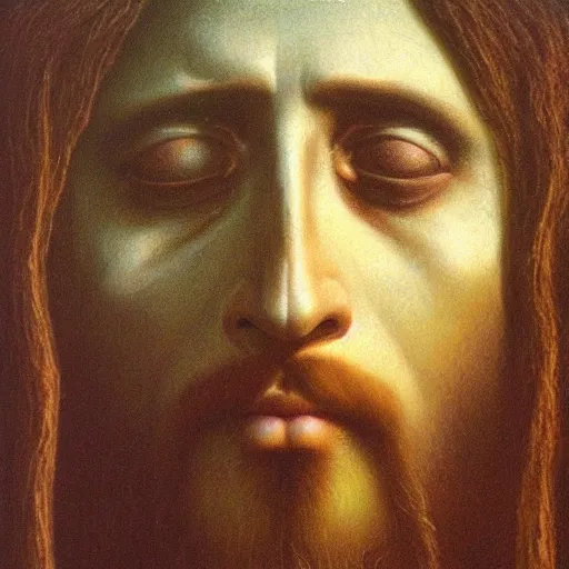 Image similar to masterpiece closeup portrait of Jesus in the style of Zdzislaw Beksinski