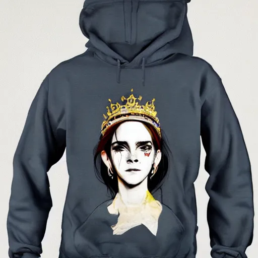 Image similar to full body emma watson wearing crown on head wearing royal hoodie by Sandra Chevrier by Richard Schmid by Jeremy Lipking by moebius by atey ghailan