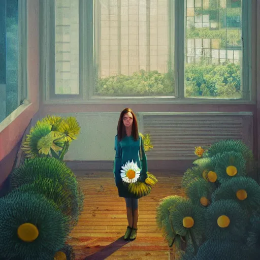 Prompt: giant daisy flower head, woman standing next to modern window in luxury loft, surreal photography, sunlight, impressionist painting, digital painting, artstation, simon stalenhag