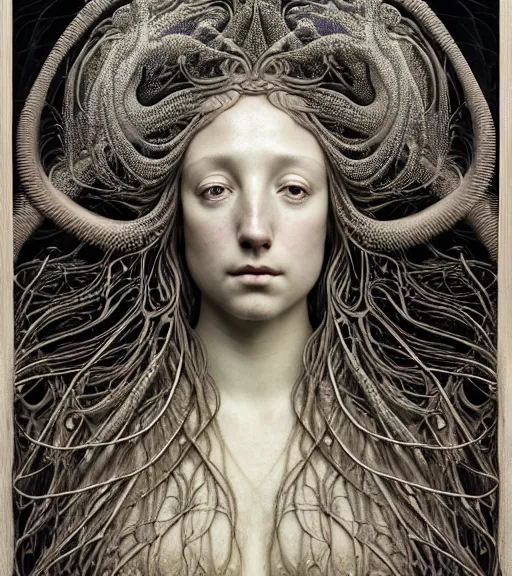 Image similar to detailed realistic beautiful mermaid goddess face portrait by jean delville, gustave dore, iris van herpen and marco mazzoni, art forms of nature by ernst haeckel, art nouveau, symbolist, visionary, gothic, neo - gothic, pre - raphaelite, fractal lace, intricate alien botanicals, ai biodiversity, surreality, hyperdetailed ultrasharp octane render