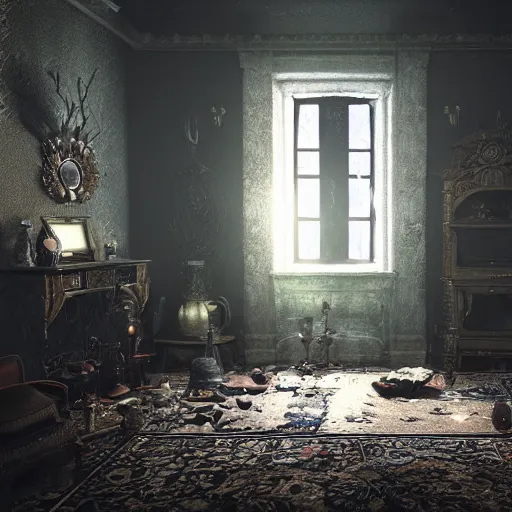 Image similar to room of a dark mansion, objects from ritual in the ground, unreal engine, octane render, pbr, guillermo del toro